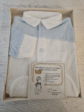 Vintage Sears Baby Sleeper Terry Cloth Small 6-9 mos 15-19 lbs Blue & White NOS